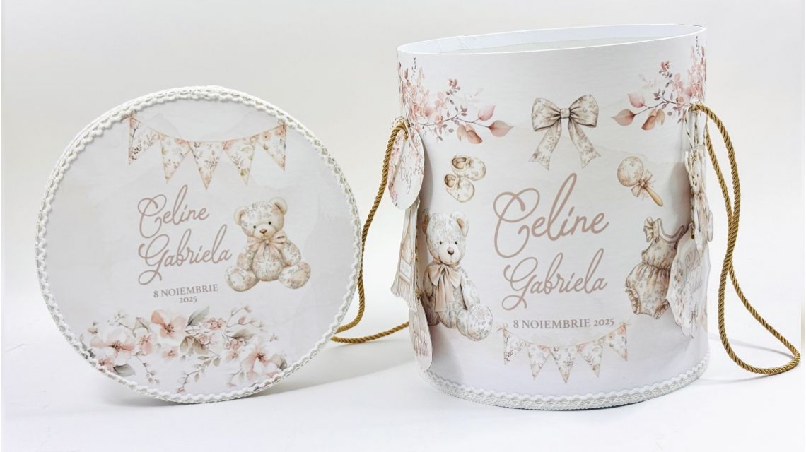 Trusou botez Nude Teddy Bear Toile de Jouy bej crem cu accente light pink și pattern floral vintage 32